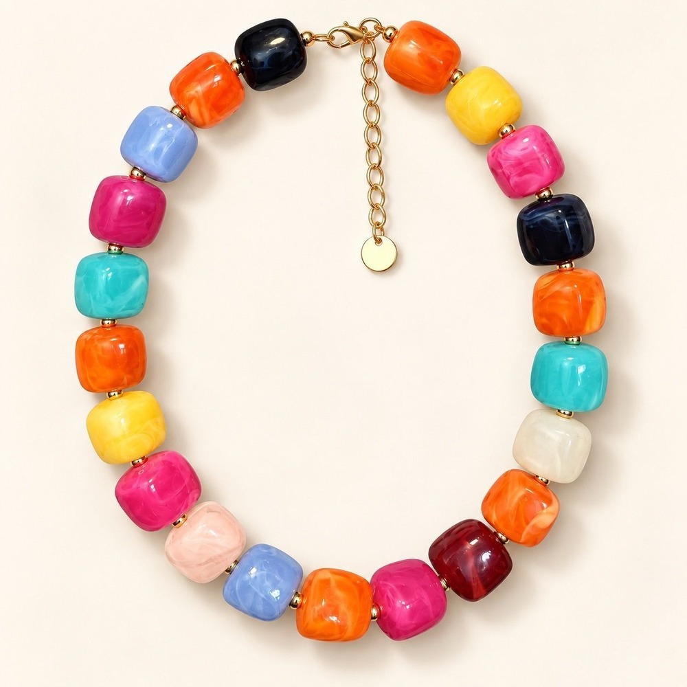 Colorful Chunky Beaded Necklace Rainbow Resin Square Bead Gold Tone Extender